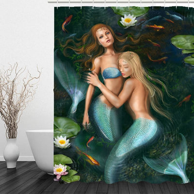 Waterproof shower curtain and bath mat set featuring a mermaid with teal hair and blue-green tail, surrounded by lily pads and pink flowers. - Image 18