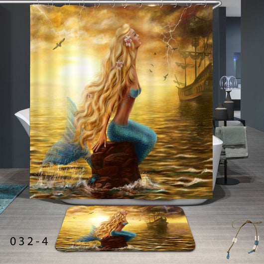 Waterproof shower curtain and bath mat set featuring a mermaid with teal hair and blue-green tail, surrounded by lily pads and pink flowers. - Image 20
