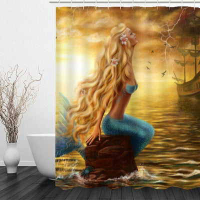 Waterproof shower curtain and bath mat set featuring a mermaid with teal hair and blue-green tail, surrounded by lily pads and pink flowers. - Image 22