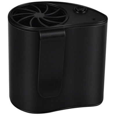 Close-up of a finger pressing the power button on a silver-grey portable waist fan with a black fan grill. - Image 8