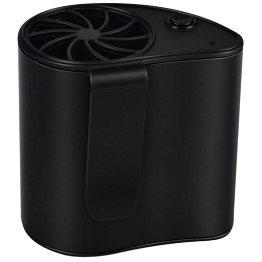 Close-up of a finger pressing the power button on a silver-grey portable waist fan with a black fan grill. - Image 8