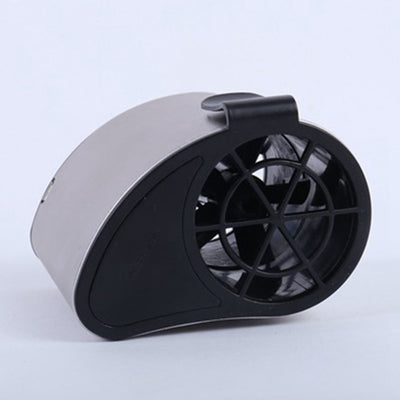 Close-up of a finger pressing the power button on a silver-grey portable waist fan with a black fan grill. - Image 14
