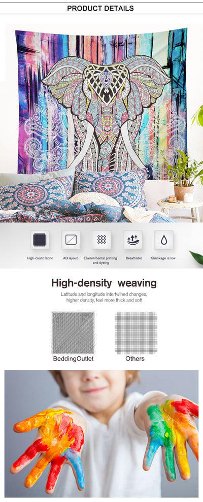 Colorful bohemian tapestry featuring an intricately patterned elephant head with tusks against an abstract striped background. - Image 3