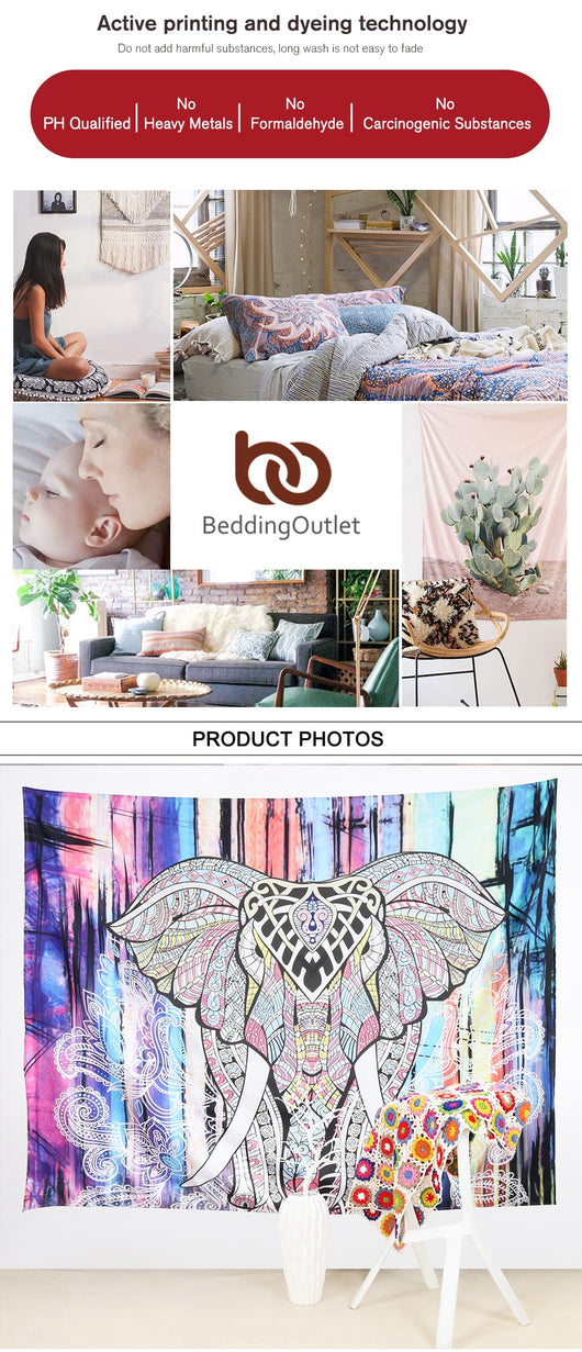 Colorful bohemian tapestry featuring an intricately patterned elephant head with tusks against an abstract striped background. - Image 4