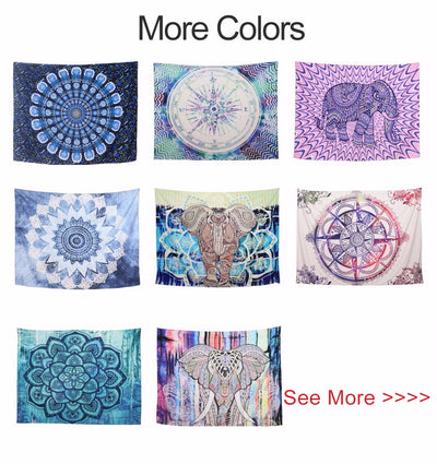 Colorful bohemian tapestry featuring an intricately patterned elephant head with tusks against an abstract striped background. - Image 6