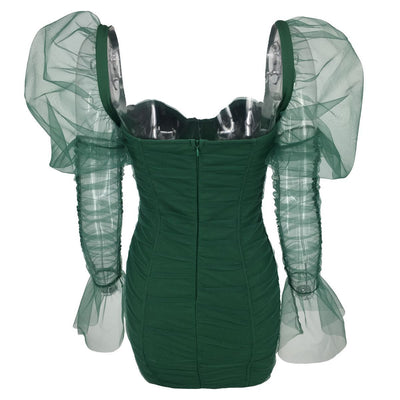 Vestido Falda Roja Verde con Malla en Mangas y Bolsa Cadera - Image 9