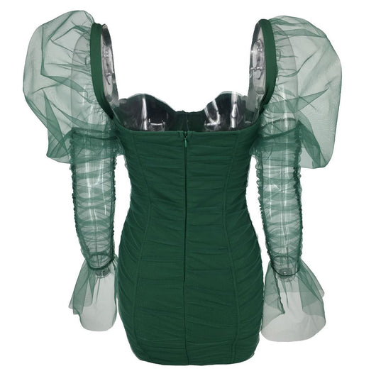 Vestido Falda Roja Verde con Malla en Mangas y Bolsa Cadera - Image 9