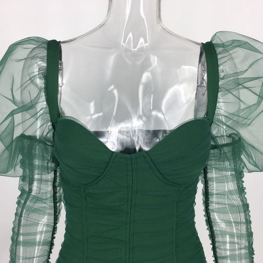 Vestido Falda Roja Verde con Malla en Mangas y Bolsa Cadera - Image 10