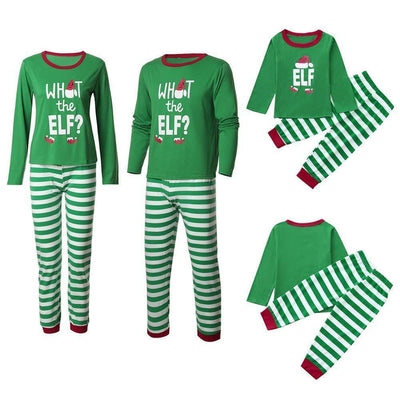 Green and white striped long-sleeve pajama set with "WHAT THE ELF?" graphic for family matching. - Image 11