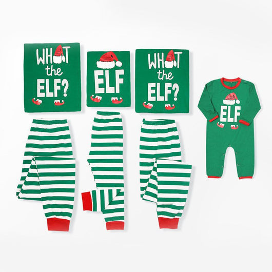 Green and white striped long-sleeve pajama set with "WHAT THE ELF?" graphic for family matching. - Image 15