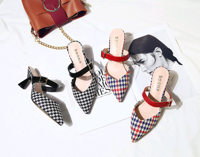 Sandalias de Tacón Alto Estilo Coreano con Diseño Cuadros - Pantuflas Puntiagudas para Mujer - Image 7