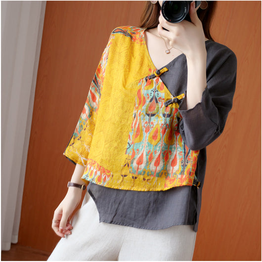 Camisa Retro de Ramio con Estampado Diagonal y Botones - Image 7
