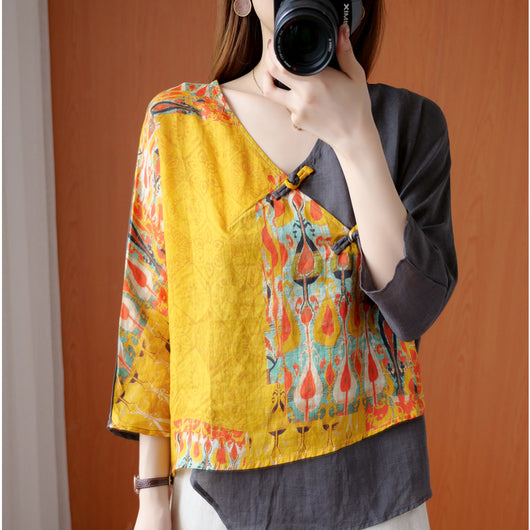 Camisa Retro de Ramio con Estampado Diagonal y Botones - Image 10