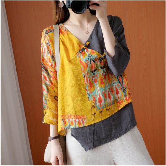 Camisa Retro de Ramio con Estampado Diagonal y Botones - Image 11