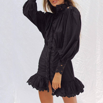 Vestido Mini Sirena Negro y Blanco con Mangas Farol y Botones - Image 9