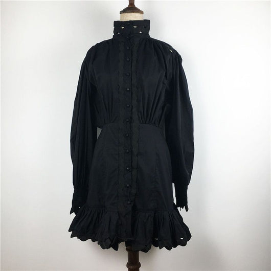 Vestido Mini Sirena Negro y Blanco con Mangas Farol y Botones - Image 10