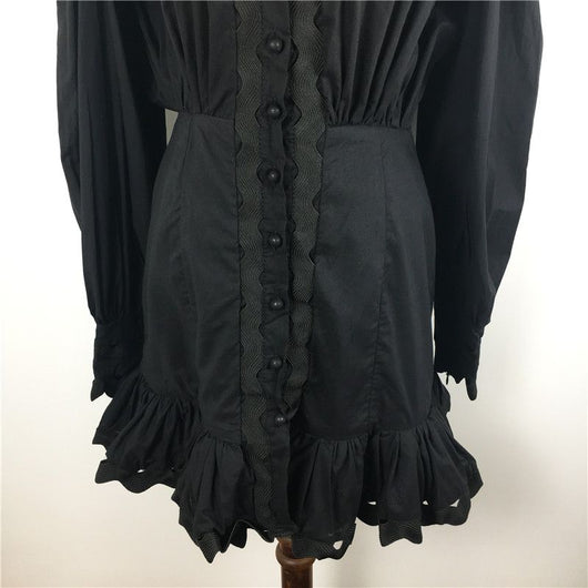 Vestido Mini Sirena Negro y Blanco con Mangas Farol y Botones - Image 13