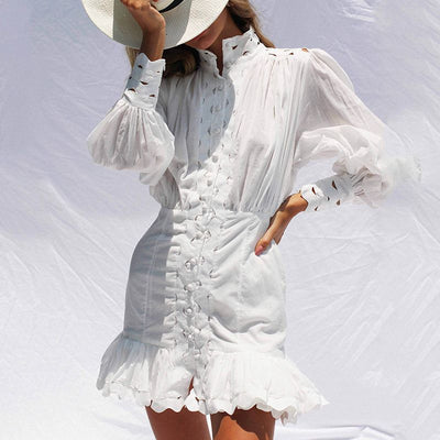 Vestido Mini Sirena Negro y Blanco con Mangas Farol y Botones - Image 18