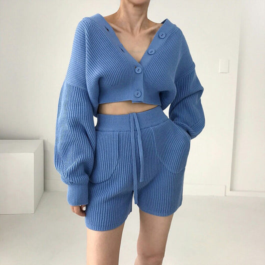 Conjunto Casual Cardigan Escote V con Short Cintura Alta - Image 6
