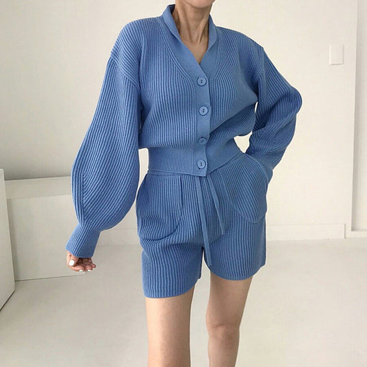 Conjunto Casual Cardigan Escote V con Short Cintura Alta - Image 8