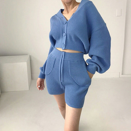 Conjunto Casual Cardigan Escote V con Short Cintura Alta - Image 9