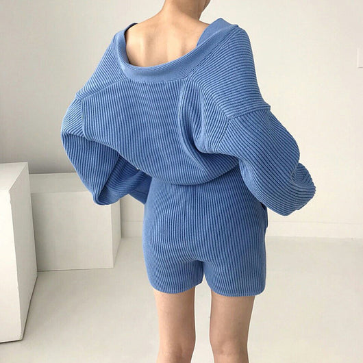 Conjunto Casual Cardigan Escote V con Short Cintura Alta - Image 11