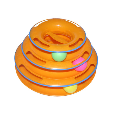 Orange three-layer cat play plate with blue trim, featuring a pink, green, and yellow ball on each level.
