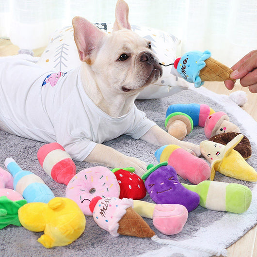 Purple plush eggplant pet toy with a green stem and an embroidered happy face, designed for dogs and cats. - Image 27