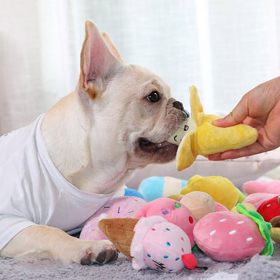 Purple plush eggplant pet toy with a green stem and an embroidered happy face, designed for dogs and cats. - Image 28