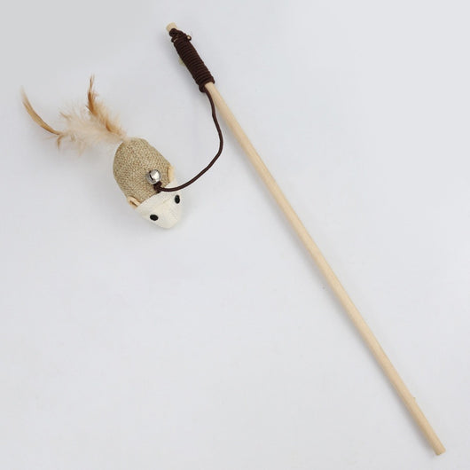Wooden cat wand toy with a brown string, a small silver bell, a cream fabric mouse, and light brown feathers. - Image 3
