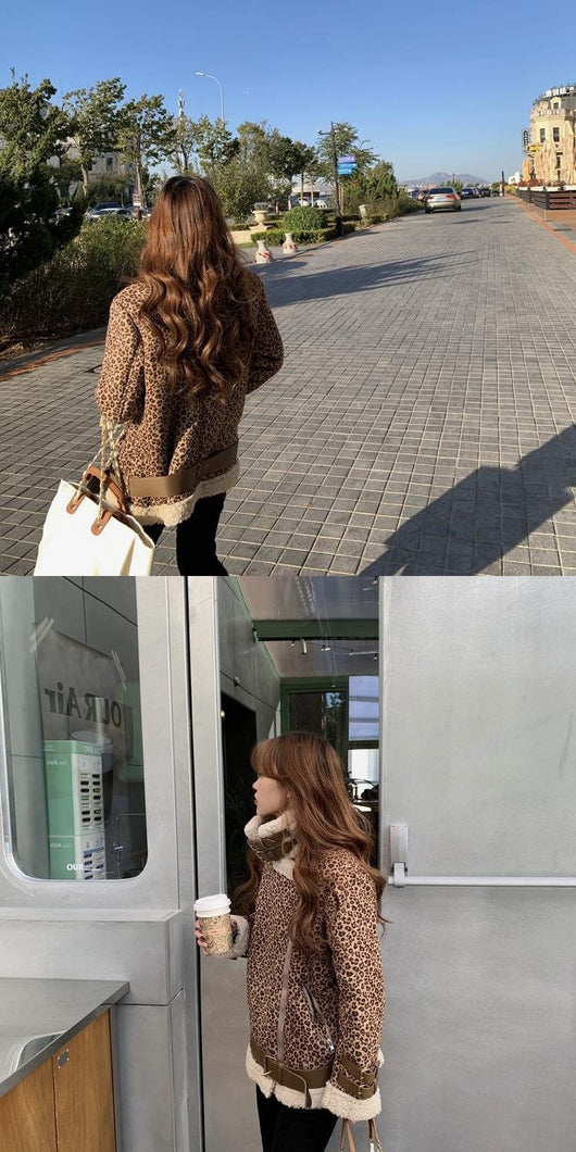 Abrigo Estampado Leopardo con Solapa de Lana de Cordero y Mangas Largas Acolchado - Image 10