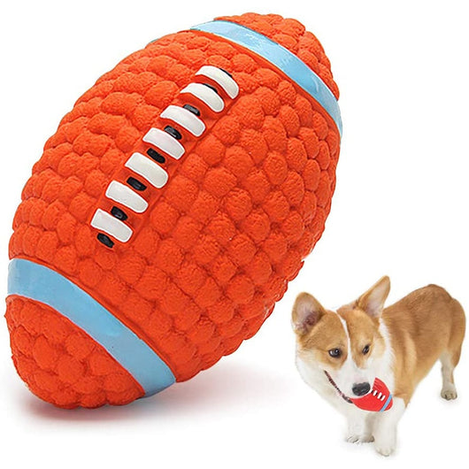 Orange textured latex dog toy shaped like an American football with blue and white accents, measuring 14cm long and 8cm wide. - Image 7