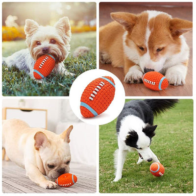 Orange textured latex dog toy shaped like an American football with blue and white accents, measuring 14cm long and 8cm wide. - Image 9