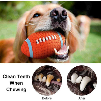 Orange textured latex dog toy shaped like an American football with blue and white accents, measuring 14cm long and 8cm wide. - Image 10
