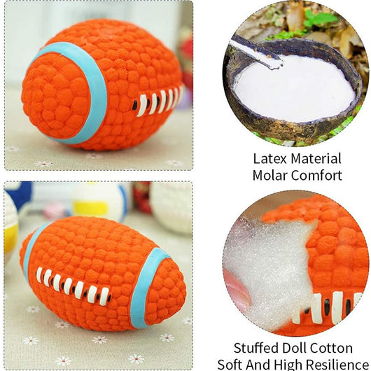 Orange textured latex dog toy shaped like an American football with blue and white accents, measuring 14cm long and 8cm wide. - Image 11