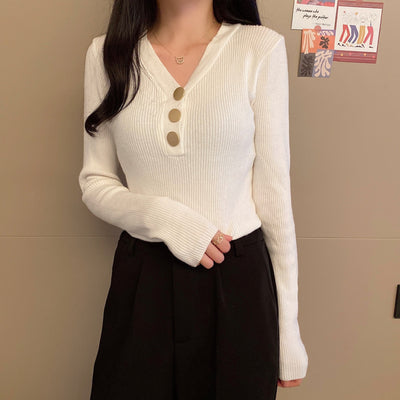 Suéter de Punto con Escote en V y Botones para Otoño e Invierno - Image 8