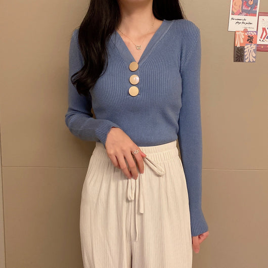 Suéter de Punto con Escote en V y Botones para Otoño e Invierno - Image 12