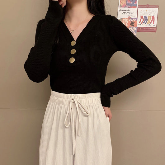 Suéter de Punto con Escote en V y Botones para Otoño e Invierno - Image 14