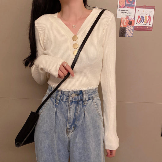 Suéter de Punto con Escote en V y Botones para Otoño e Invierno - Image 16