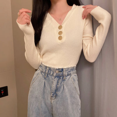 Suéter de Punto con Escote en V y Botones para Otoño e Invierno - Image 17
