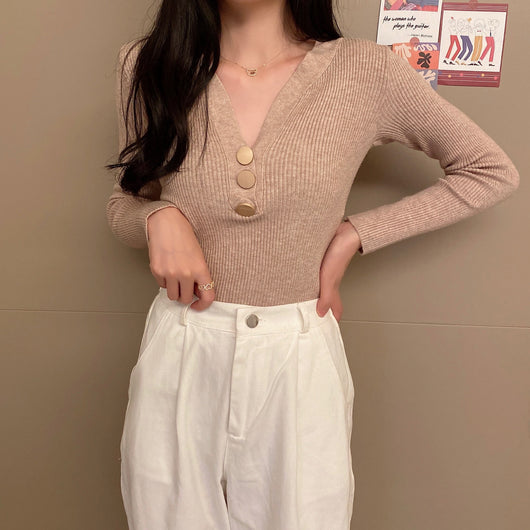 Suéter de Punto con Escote en V y Botones para Otoño e Invierno - Image 18