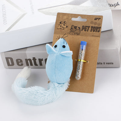 Light blue plush mouse cat toy with a long white and blue tail, packaged with a small tube of catnip. - Image 6