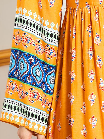 Vestido Largo Floral Amarillo con Mangas Largas y Cintura Ajustada - Image 12