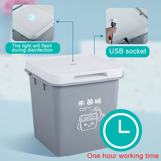 Gray UV sterilization box with an open lid, containing underwear, next to a stack of colorful folded garments. - Image 6