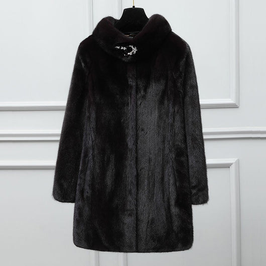 Abrigo de Visón para Mujer Cuello Solapa Largo Casual Ajustado - Image 7