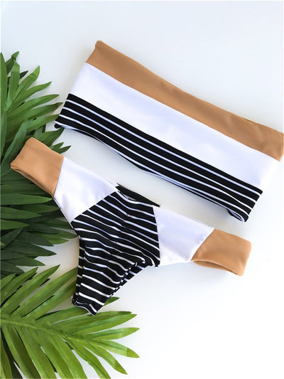 Striped printed split triangle female swimsuit with bandeau top and color block bottom on white background. - Image 7