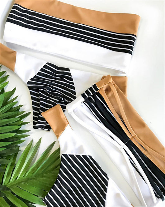 Striped printed split triangle female swimsuit with bandeau top and color block bottom on white background. - Image 8