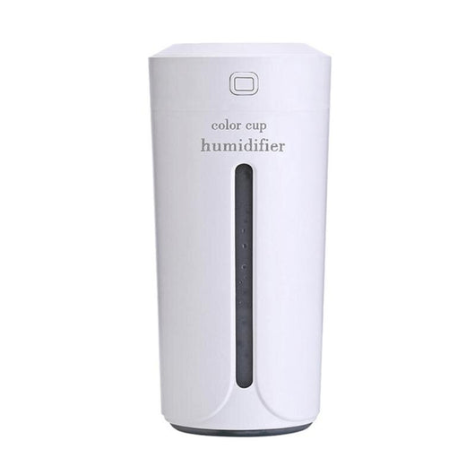 White mini USB ultrasonic humidifier with a green LED light strip, emitting mist, on a white surface. - Image 20