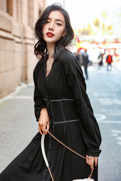 Vestido Largo Retro Ajustado con Botones Simples para Mujer - Image 11