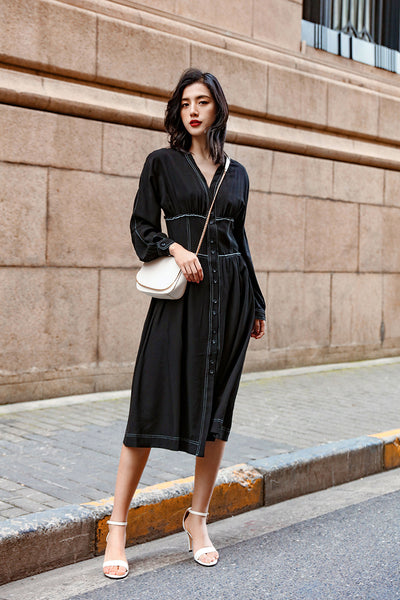 Vestido Largo Retro Ajustado con Botones Simples para Mujer - Image 12